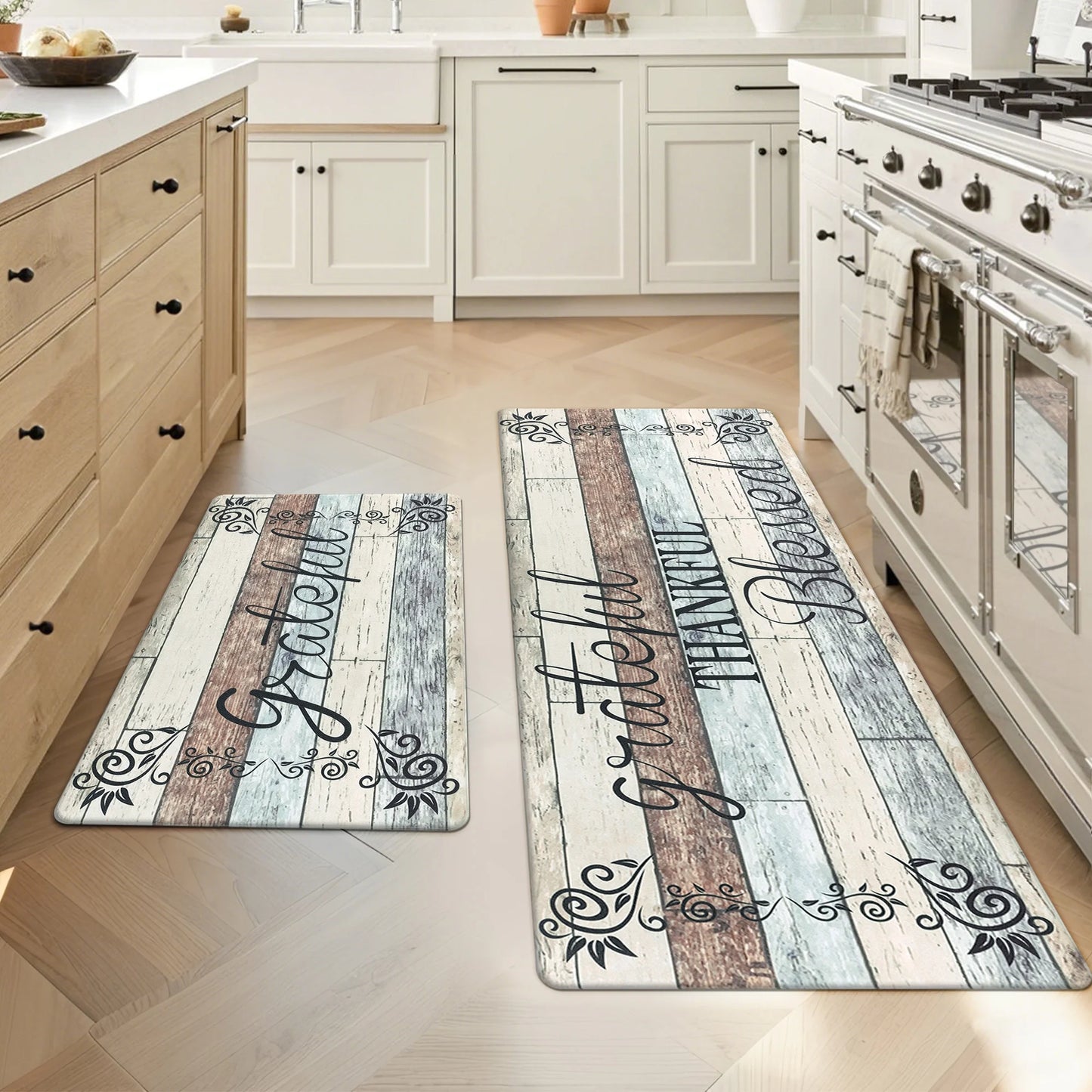 HEBE Farmhouse Kitchen Rug Set of 2, Non-Slip Anti-Fatigue Waterproof Cushioned Mat for Kitchen, Dining & Laundry Room, 18"x30"+18"x48"