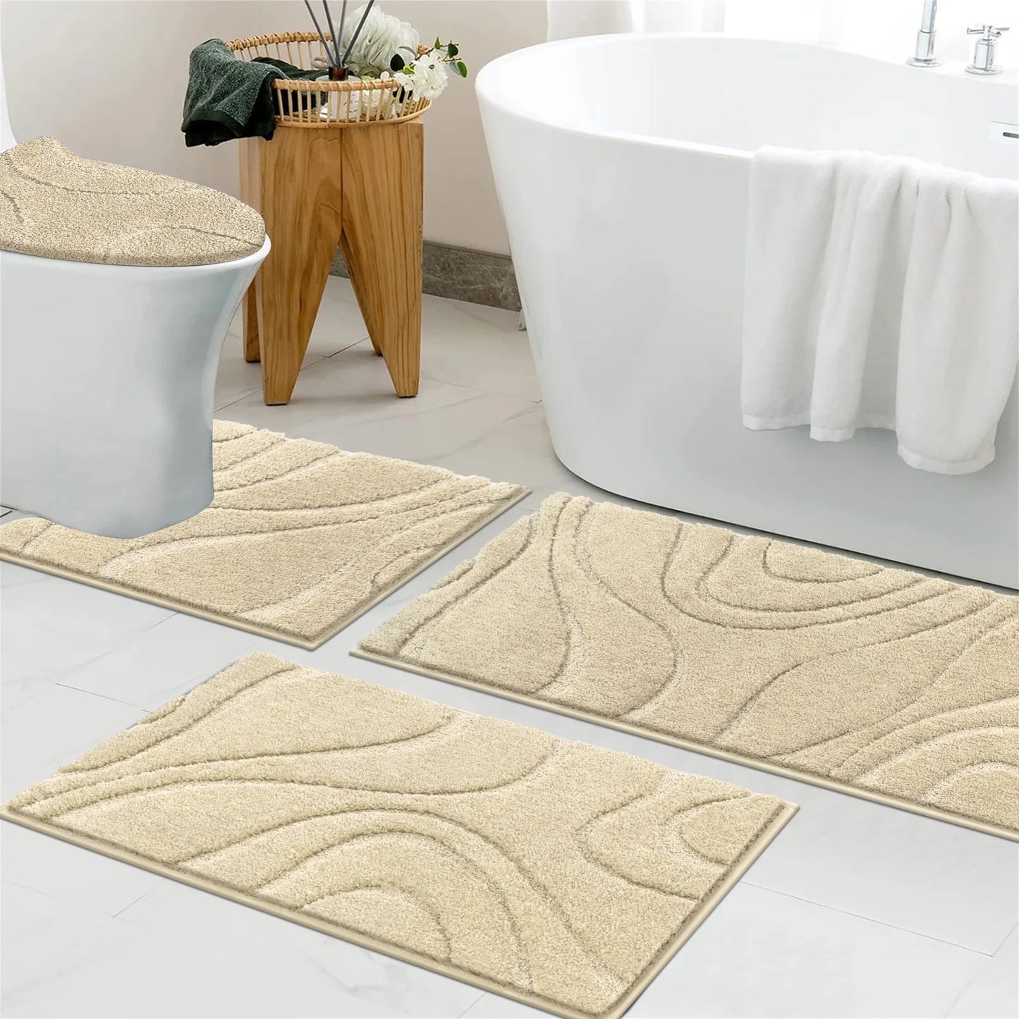 HEBE Bathroom Rugs Sets 4 Piece, Super Soft and Absorbent Non Slip Microfiber Toilet Bathroom Mats