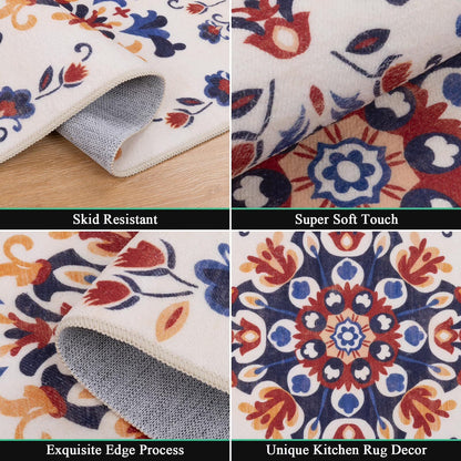 HEBE 3pcs Washable Kitchen Rug Set,Non-Slip Floral Boho Kitchen Mats Kitchen Runner Rug Floor Carpet 20"x32"+20"x48"+20"x59"