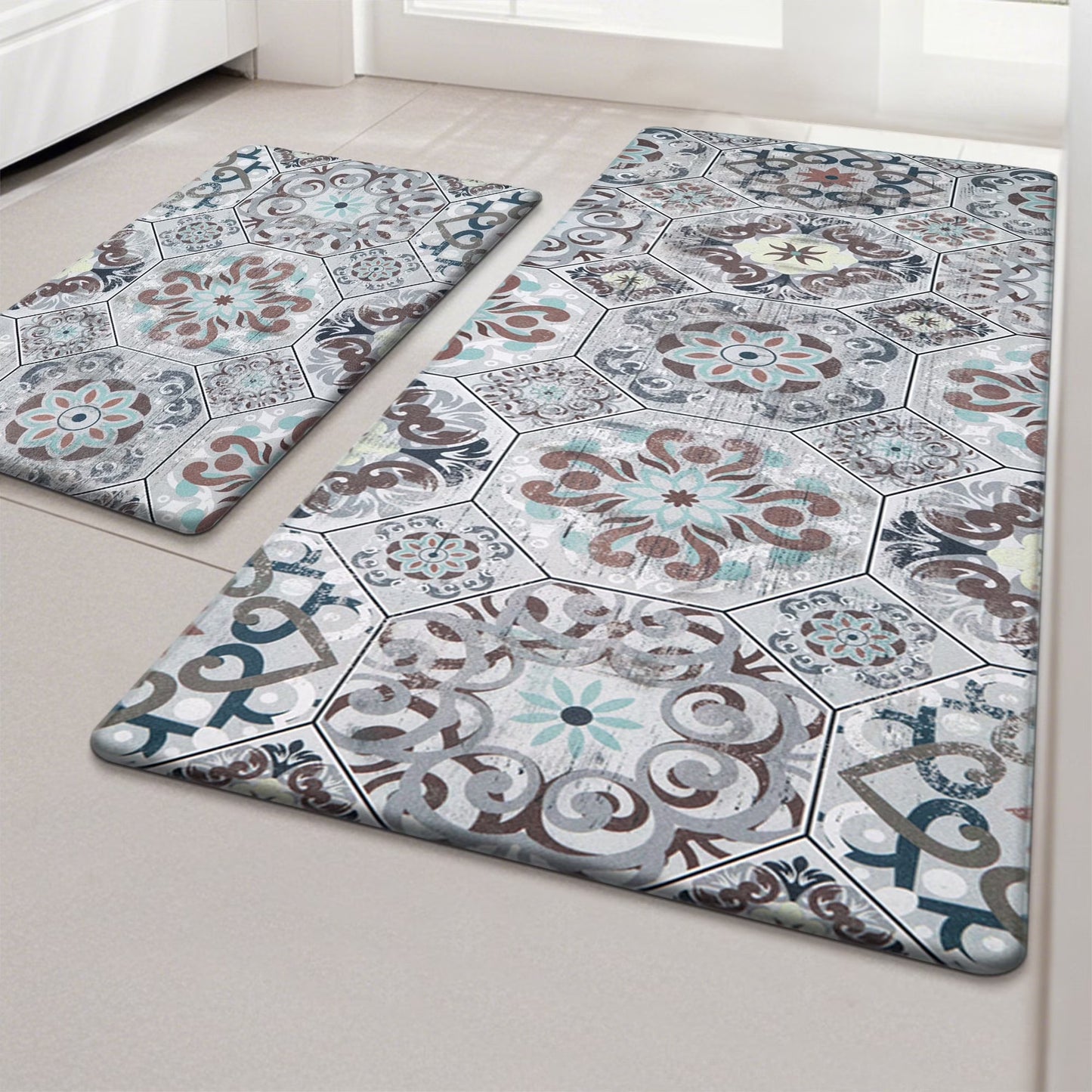 HEBE Boho Kitchen Rug Set of 2, Non-Slip Anti-Fatigue Waterproof Cushioned Mat for Kitchen, Dining & Laundry Room, 18"x30"+18"x48"