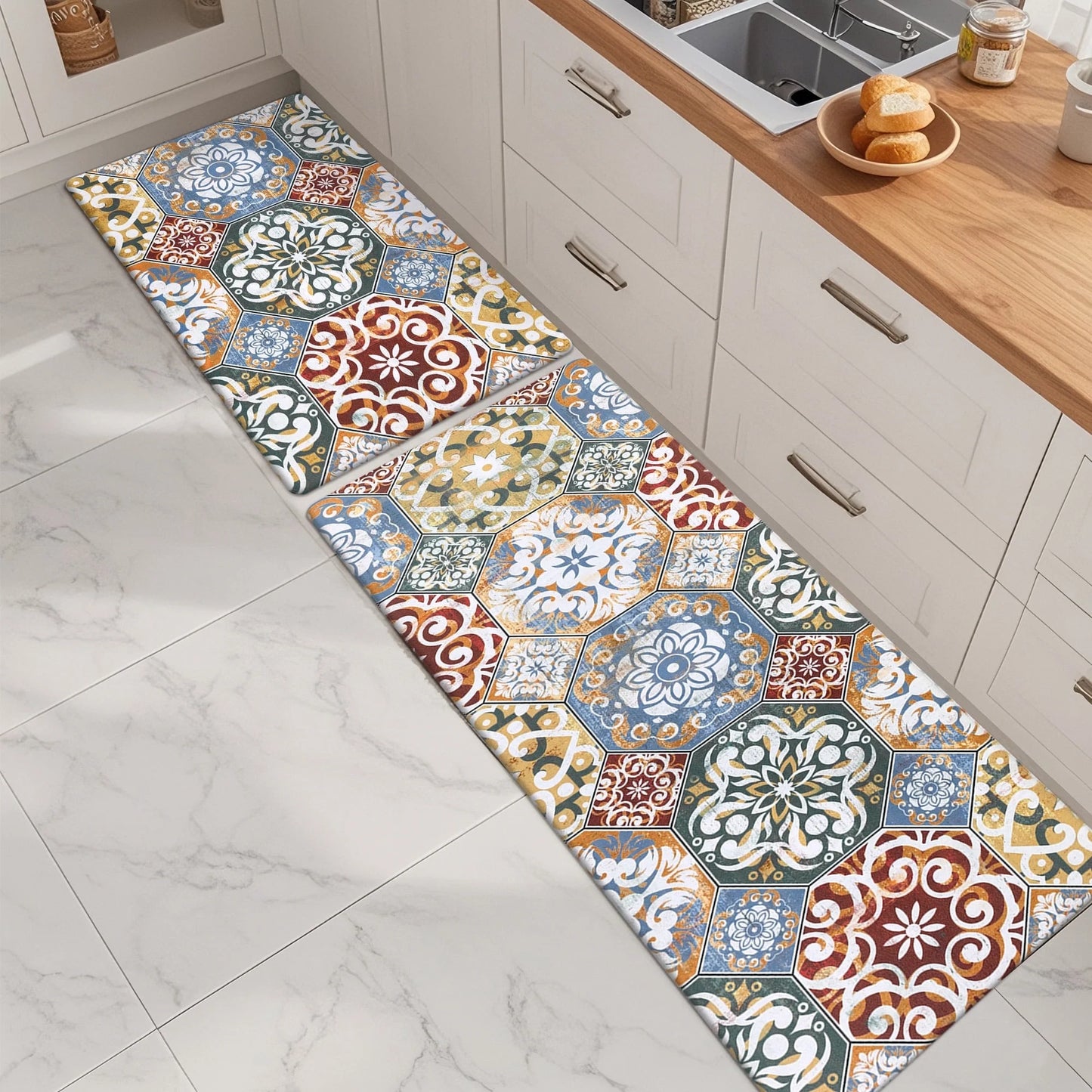 HEBE Boho Kitchen Rug Set of 2, Non-Slip Anti-Fatigue Waterproof Cushioned Mat for Kitchen, Dining & Laundry Room, 18"x30"+18"x48"