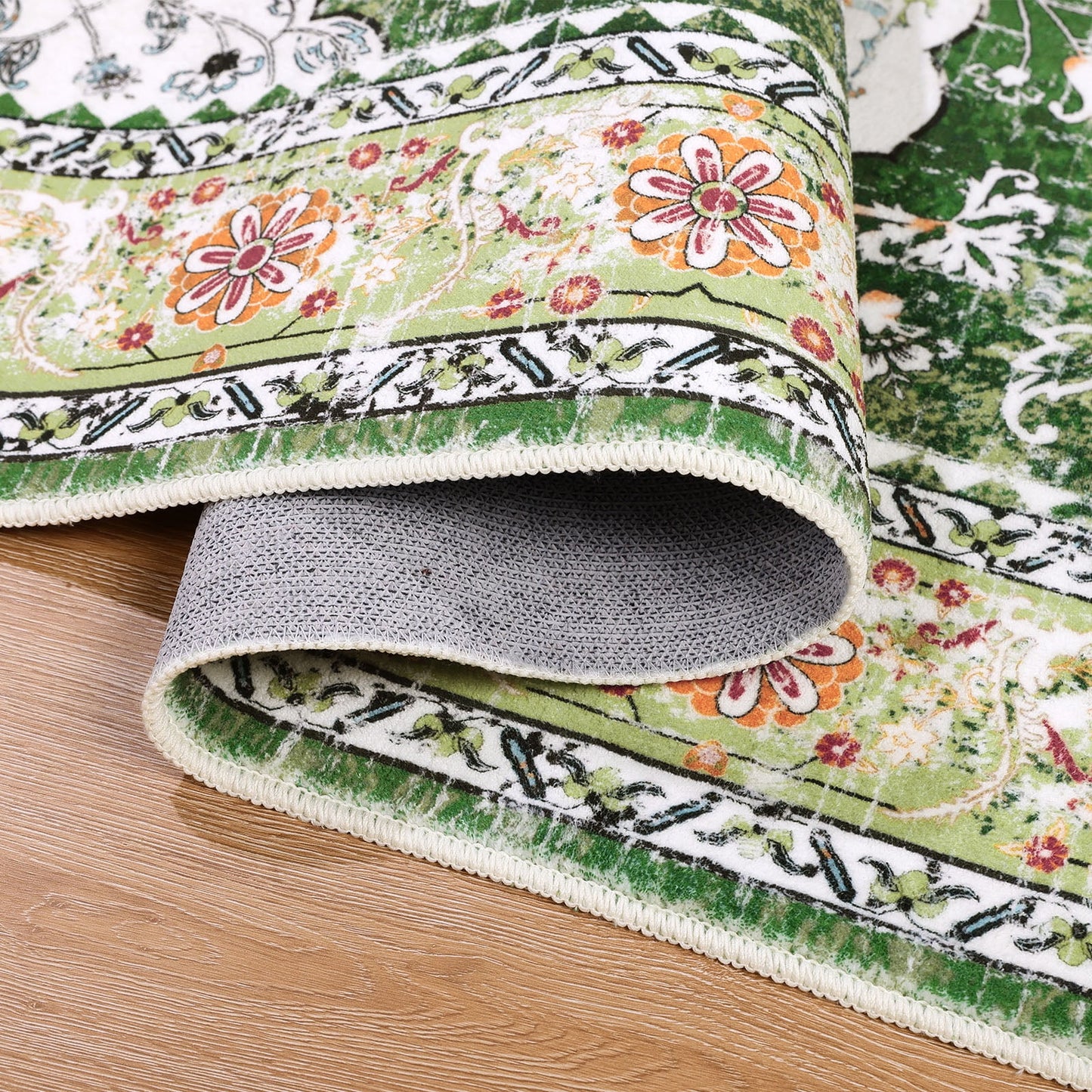 HEBE Bohemian Vintage Area Rug Machine Washable Low-Pile Accent Carpet, Non-Shedding Non-Slip Living Room Floor Throw Rugs for Bedroom,Dining Room,Kids Playroom,Rv,Office(Green)