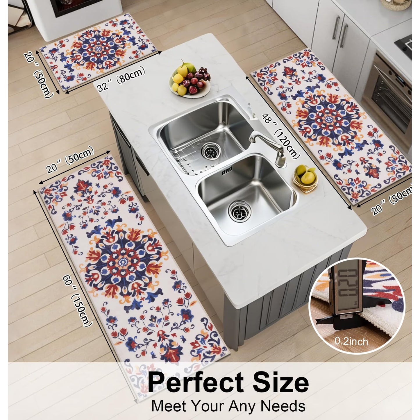 HEBE 3pcs Washable Kitchen Rug Set,Non-Slip Floral Boho Kitchen Mats Kitchen Runner Rug Floor Carpet 20"x32"+20"x48"+20"x59"