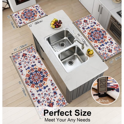 HEBE 3pcs Washable Kitchen Rug Set,Non-Slip Floral Boho Kitchen Mats Kitchen Runner Rug Floor Carpet 20"x32"+20"x48"+20"x59"