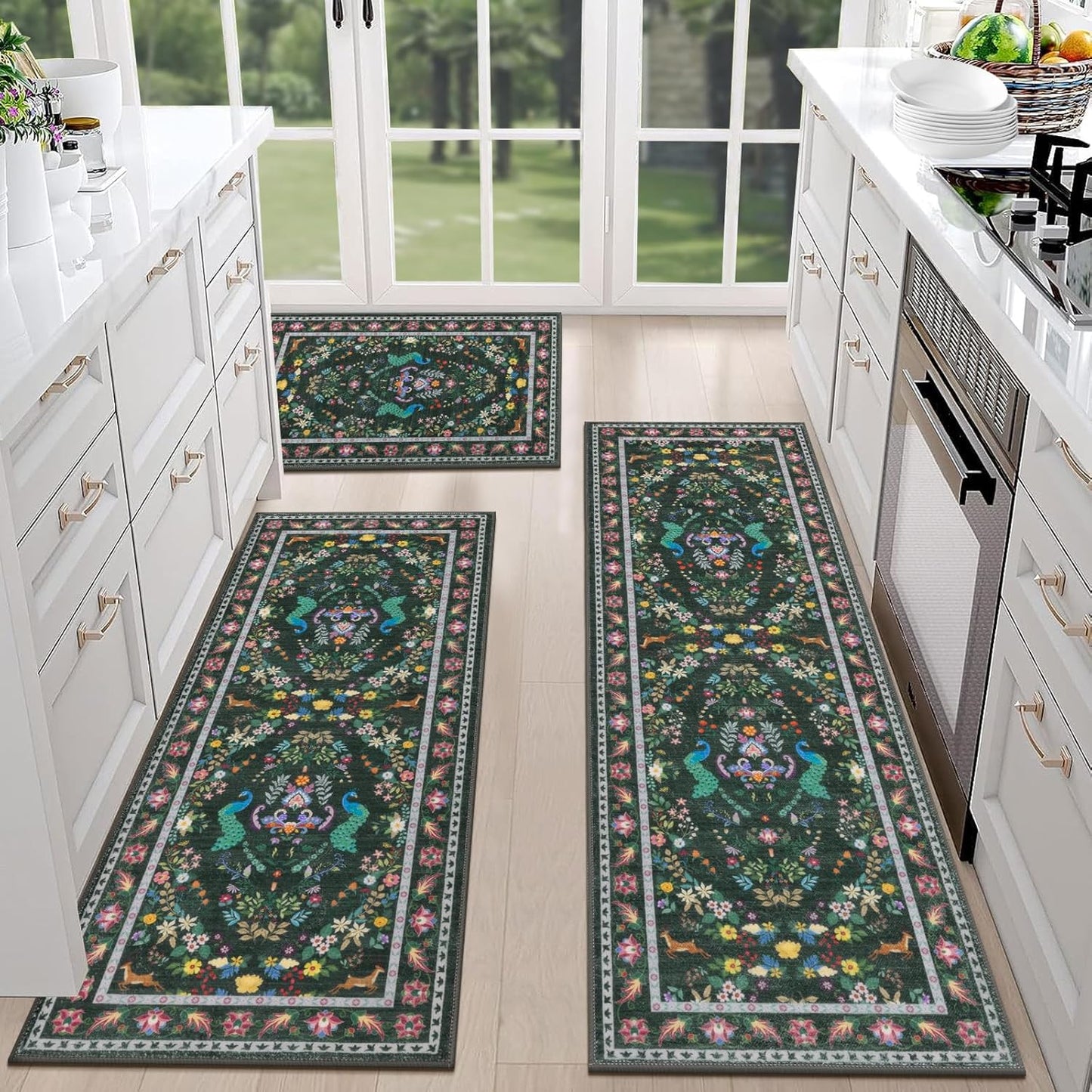 HEBE Machine Washable Non-Slip Kitchen Mat Farmhouse Kitchen Rugs Sets of 3 (20"x32"+20"x48"+20"x59")