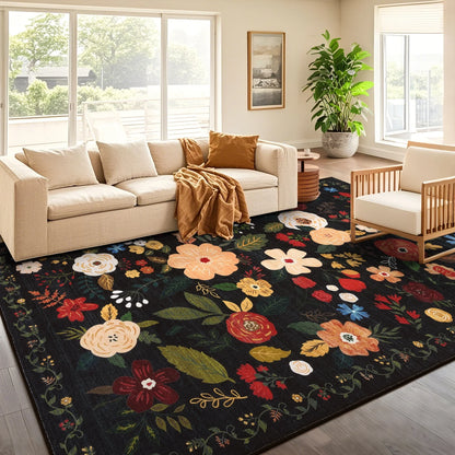 HEBE 5x7 ft Living Room Area Rug Machine Washable Boho Area Rug Non Slip Floral Vintage Low Pile Large Rug for Living Room, Bedroom, Farmhouse, Dining Room, Kids Playroom