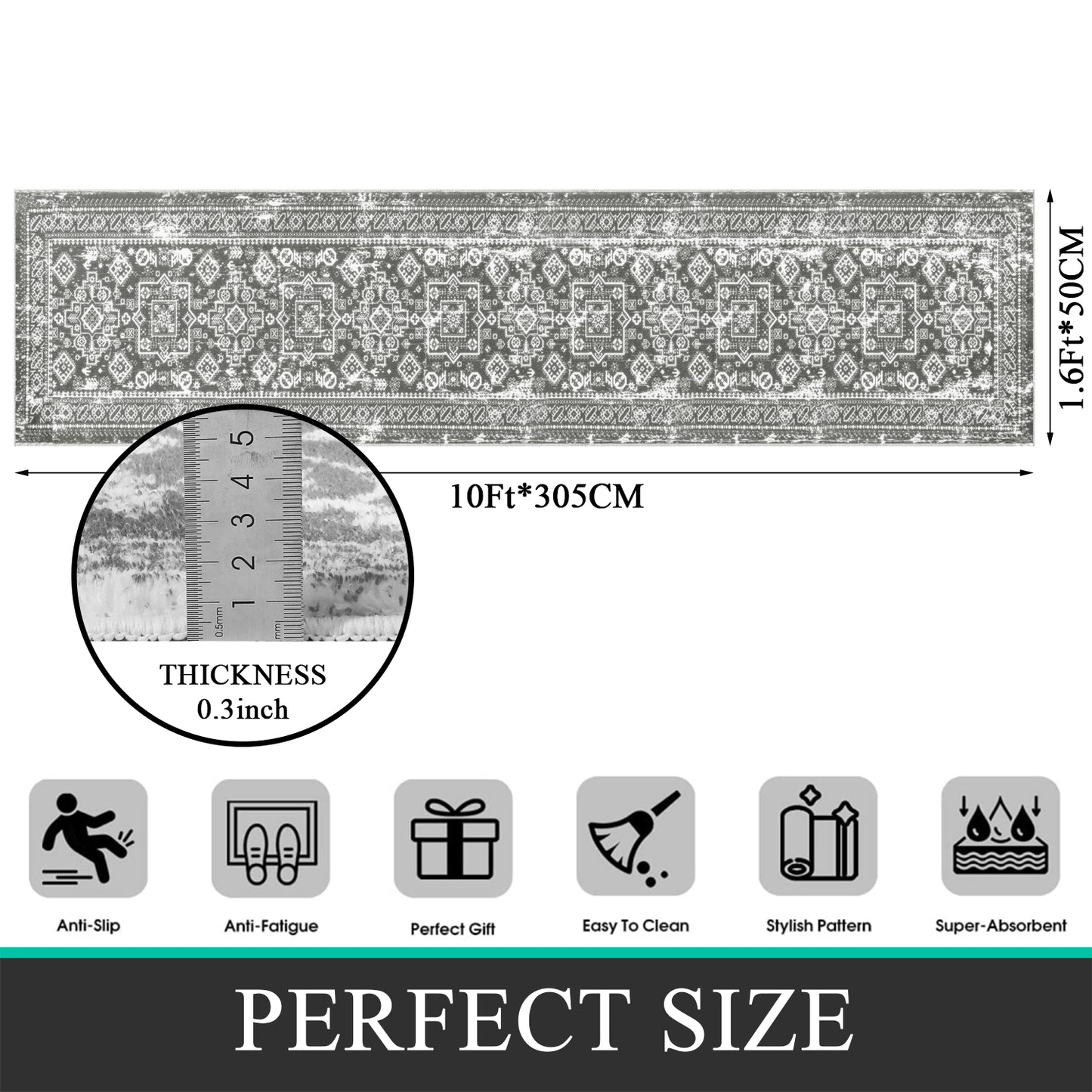 HEBE Hallway Runner Rug 2x10 Washable Rug Runner Non Slip Entryway Rug Floor Carpet Runner for Hallway Bedroom Kitchen Laundry Room, Grey
