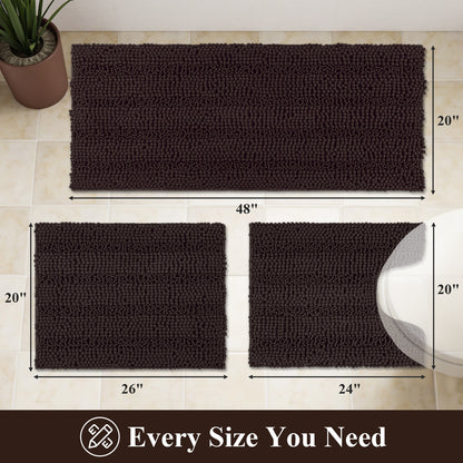 HEBE Ultra Soft Bathroom Rug Set 3 Pieces, Non Slip Thick Chenille Striped Bath Mat, Absorbent Plush Shaggy Bath Rugs for Bathroom