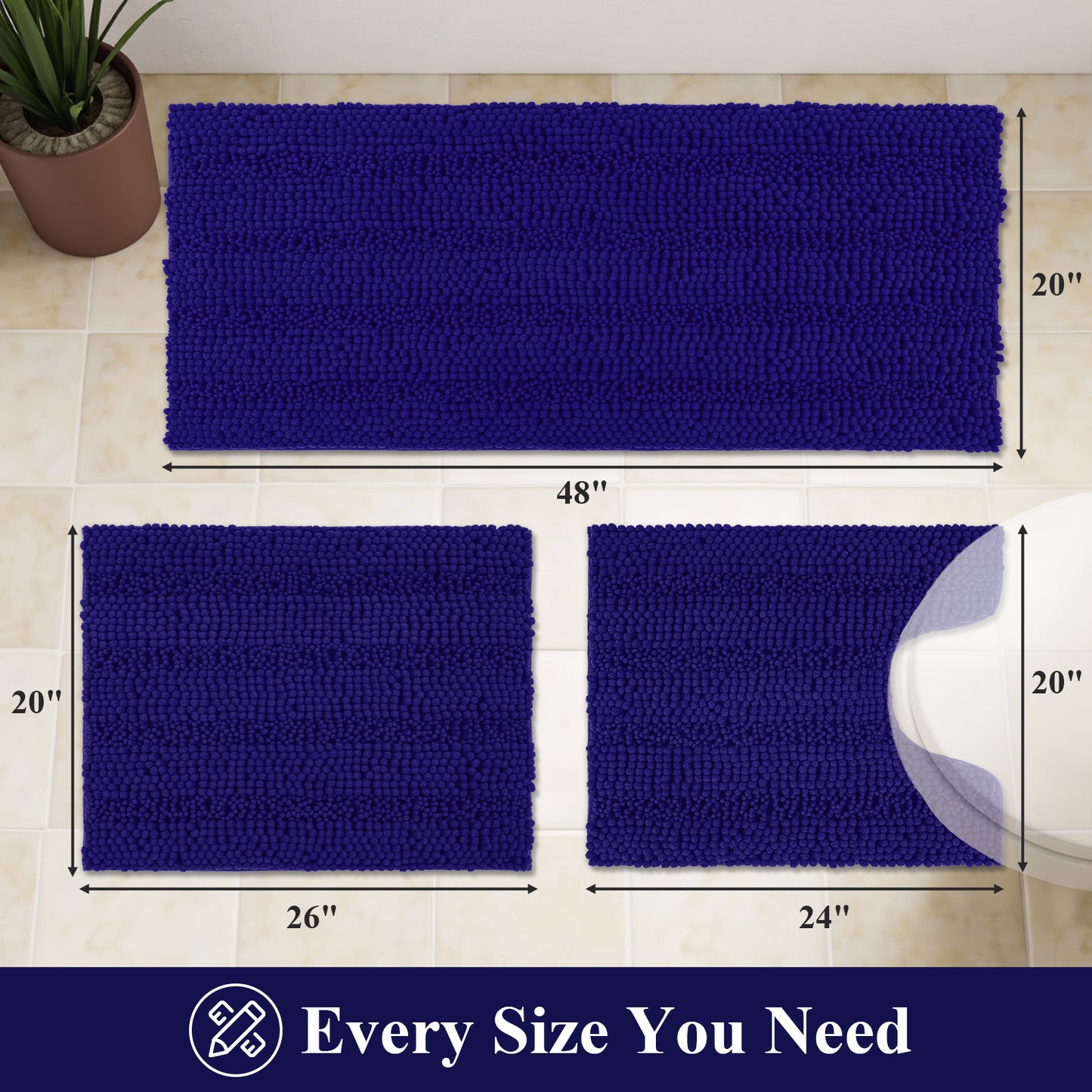 HEBE Ultra Soft Bathroom Rug Set 3 Pieces, Non Slip Thick Chenille Striped Bath Mat, Absorbent Plush Shaggy Bath Rugs for Bathroom