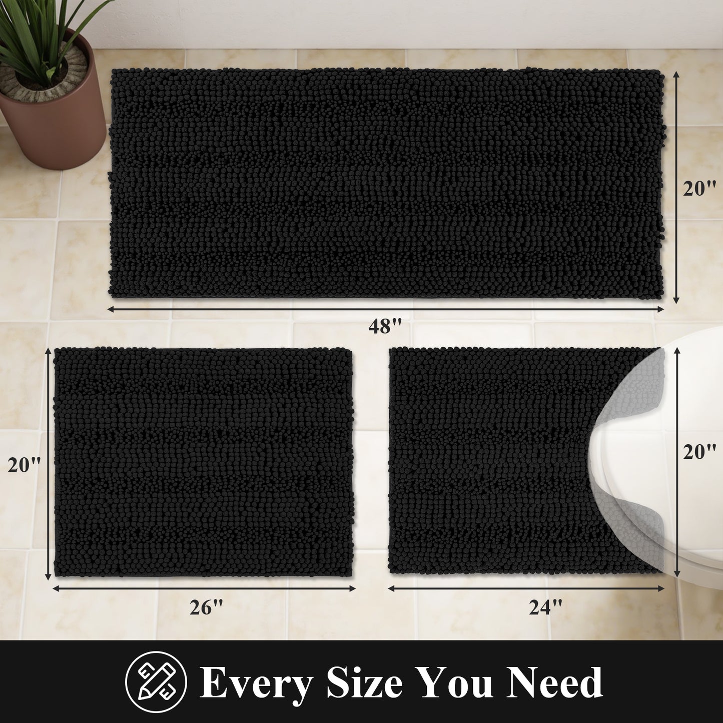 HEBE Ultra Soft Bathroom Rug Set 3 Pieces, Non Slip Thick Chenille Striped Bath Mat, Absorbent Plush Shaggy Bath Rugs for Bathroom