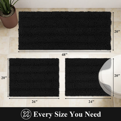 HEBE Ultra Soft Bathroom Rug Set 3 Pieces, Non Slip Thick Chenille Striped Bath Mat, Absorbent Plush Shaggy Bath Rugs for Bathroom
