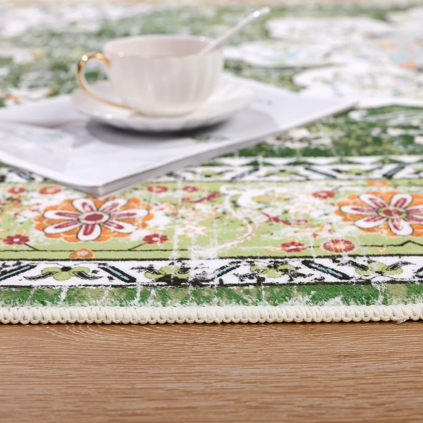 HEBE Bohemian Vintage Area Rug Machine Washable Low-Pile Accent Carpet, Non-Shedding Non-Slip Living Room Floor Throw Rugs for Bedroom,Dining Room,Kids Playroom,Rv,Office(Green)