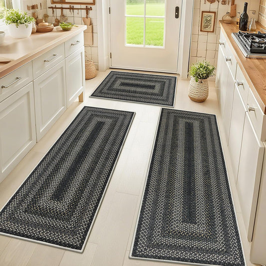 HEBE Boho Kitchen Rugs Sets 3 Piece with Runner Non Slip Kitchen Mats for Floor Washable Bohemian Runner Rug Set of 3 ﻿