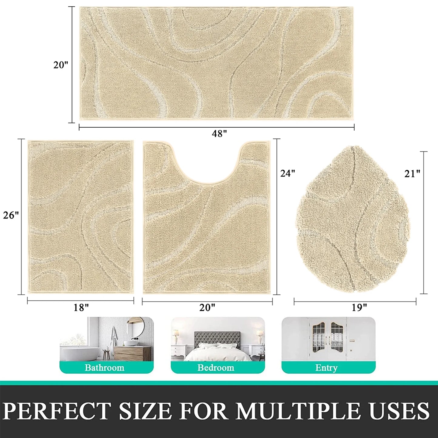 HEBE Bathroom Rugs Sets 4 Piece, Super Soft and Absorbent Non Slip Microfiber Toilet Bathroom Mats