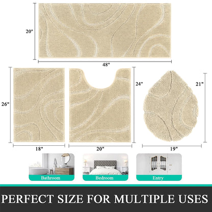 HEBE Bathroom Rugs Sets 4 Piece, Super Soft and Absorbent Non Slip Microfiber Toilet Bathroom Mats