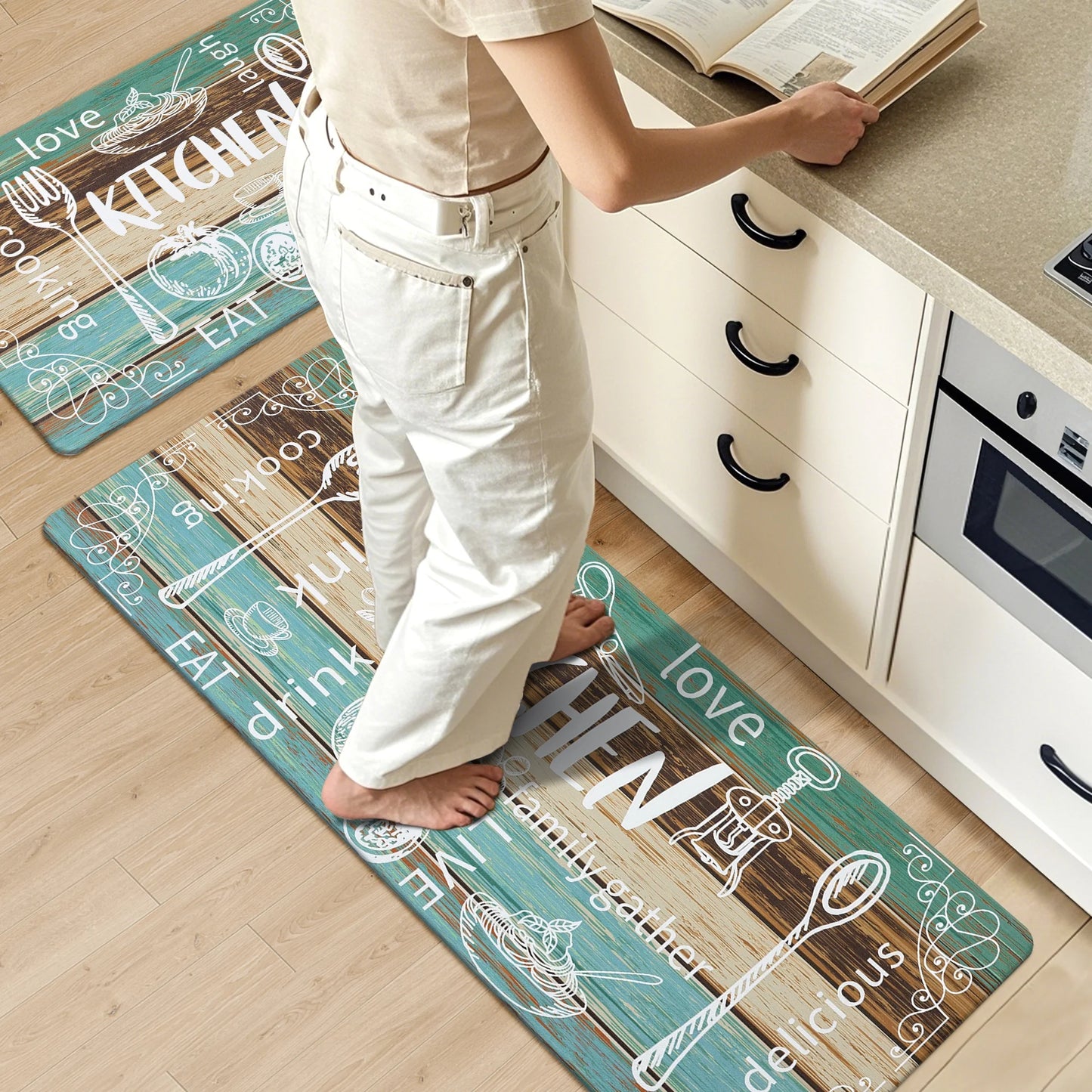 HEBE Farmhouse Kitchen Rug Set of 2, Non-Slip Anti-Fatigue Waterproof Cushioned Mat for Kitchen, Dining & Laundry Room, 18"x30"+18"x48"