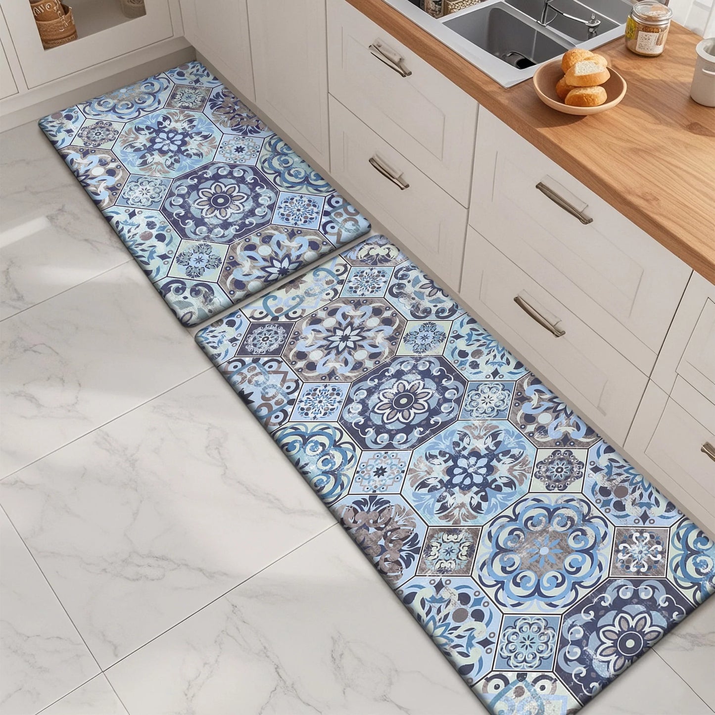 HEBE Boho Kitchen Rug Set of 2, Non-Slip Anti-Fatigue Waterproof Cushioned Mat for Kitchen, Dining & Laundry Room, 18"x30"+18"x48"