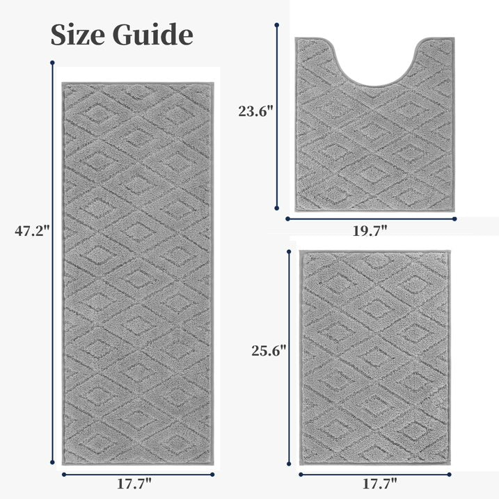 HEBE 3pcs Bathroom Rugs Set with U-Shaped Mat, Non Slip Water Absorbent Bath Rug Carpet