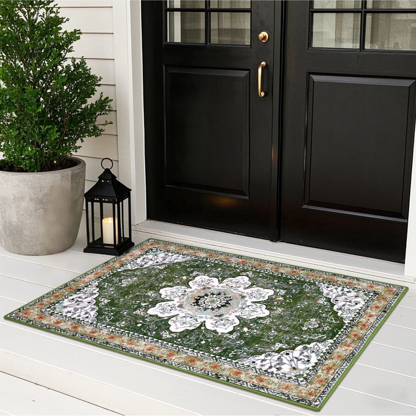 HEBE Bohemian Vintage Area Rug Machine Washable Low-Pile Accent Carpet, Non-Shedding Non-Slip Living Room Floor Throw Rugs for Bedroom,Dining Room,Kids Playroom,Rv,Office(Green)