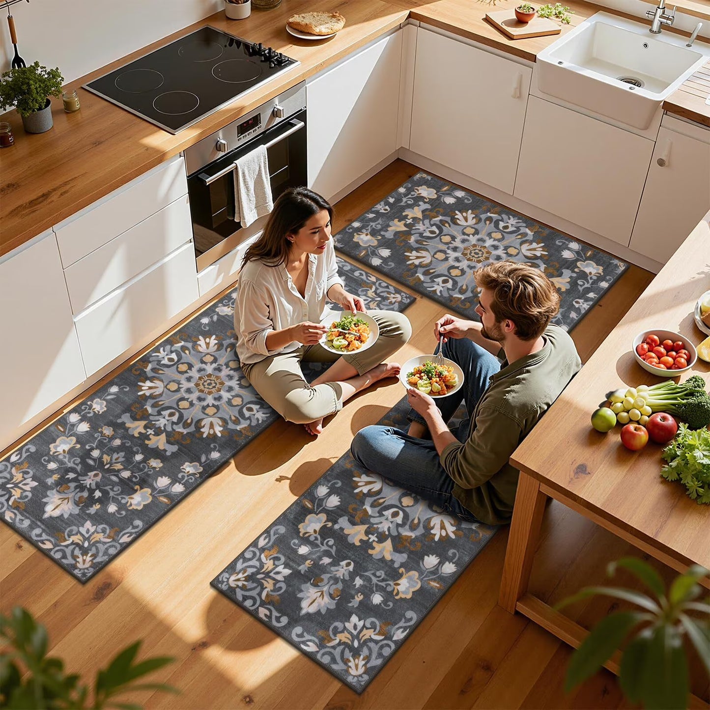 HEBE 3pcs Washable Kitchen Rug Set,Non-Slip Floral Boho Kitchen Mats Kitchen Runner Rug Floor Carpet 20"x32"+20"x48"+20"x59"